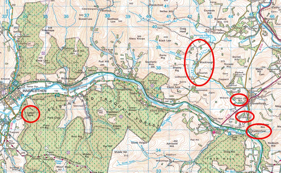 In lower Tweeddale near Galashiels the “Caddon Water” flows into the Tweed near “Caddonfoot” and “Caddonlee”. These were recorded as “Keledenlee” in 1175 and “Keledene” in 1296. This “Keleden” almost definitely derives from “Celidon”.