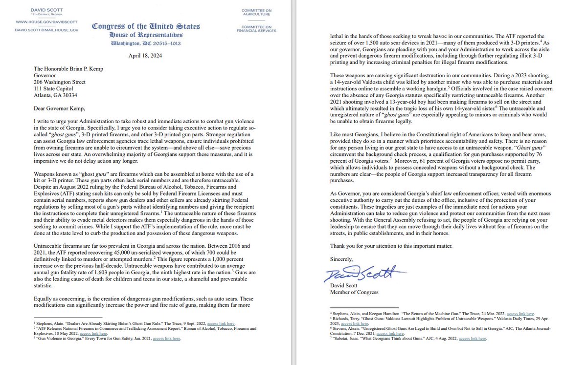 Yesterday, I sent a letter to Gov. Kemp pushing him to take executive action to curb the creation and possession of Ghost Guns. The governor can & must do everything in his power to ensure dangerous and untraceable weapons stay off our streets. More info: davidscott.house.gov/news/documents…