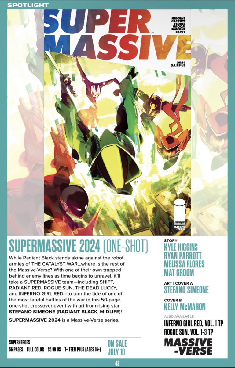 Image Comics July solicits are out showcasing SUPERMASSIVE 2024! The art by @stefano_simeone is incredible. Can't wait! It's a full party with Shift. Also, Dead Lucky!!
