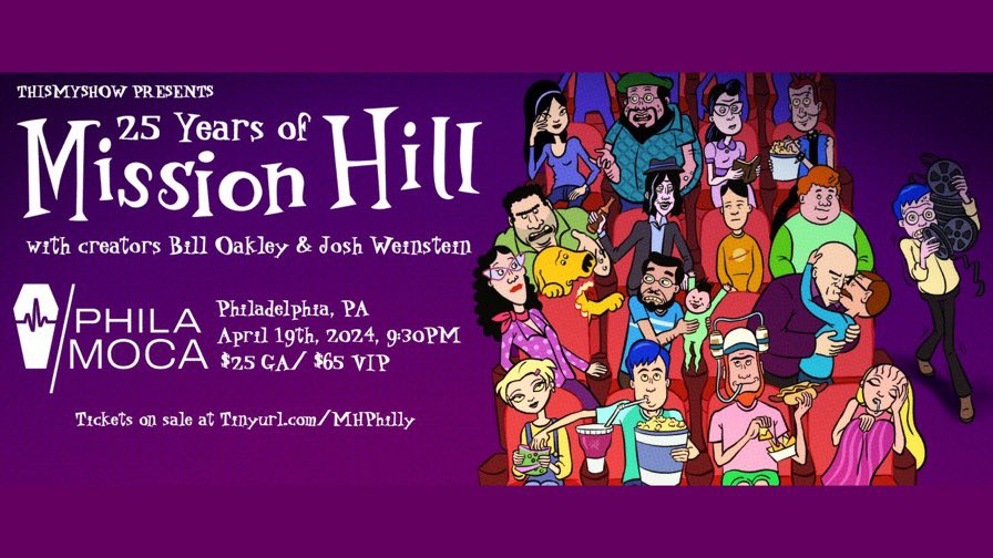PHILADELPHIA! Mission Hill 25th Anniversary Show is at @PhilaMOCA w/ @thatbilloakley and @Joshstrangehill tonight for TWO DIFFERENT PROGRAMS! AND we have a bunch of cool surprises in store! Tickets at the door for the 9:30 show or at link.dice.fm/Tc8d3936c886