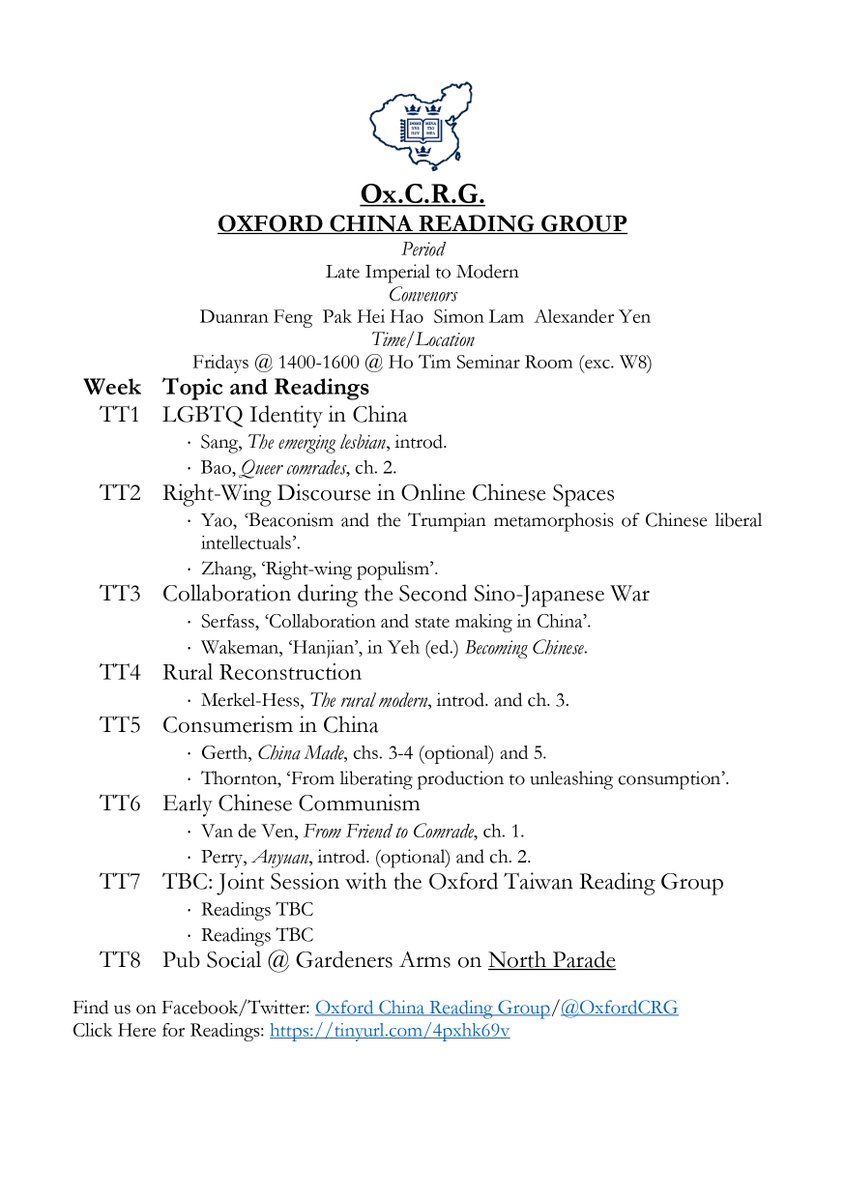 Hope everyone is feeling refreshed for the upcoming Trinity Term! Please do join us every Friday at 2-4 pm, at the Ho Tim Seminar Room in the @ox_chinacentre for another term of the China Reading Group. Readings can be found here: : tinyurl.com/4pxhk69v