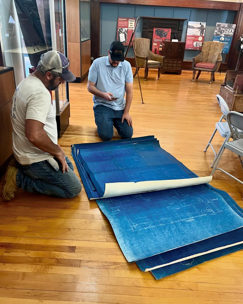 KMHMuseum's tweet photo. Today we were visited by Baker Roofing, out of the Raleigh Division, to assess the cupola on the museum building (the old post office). We pulled the original 1939 blueprints out from our collections to observe the structural features of the building. 
📷📷📷 https://t.co/kcuHyf1Mul