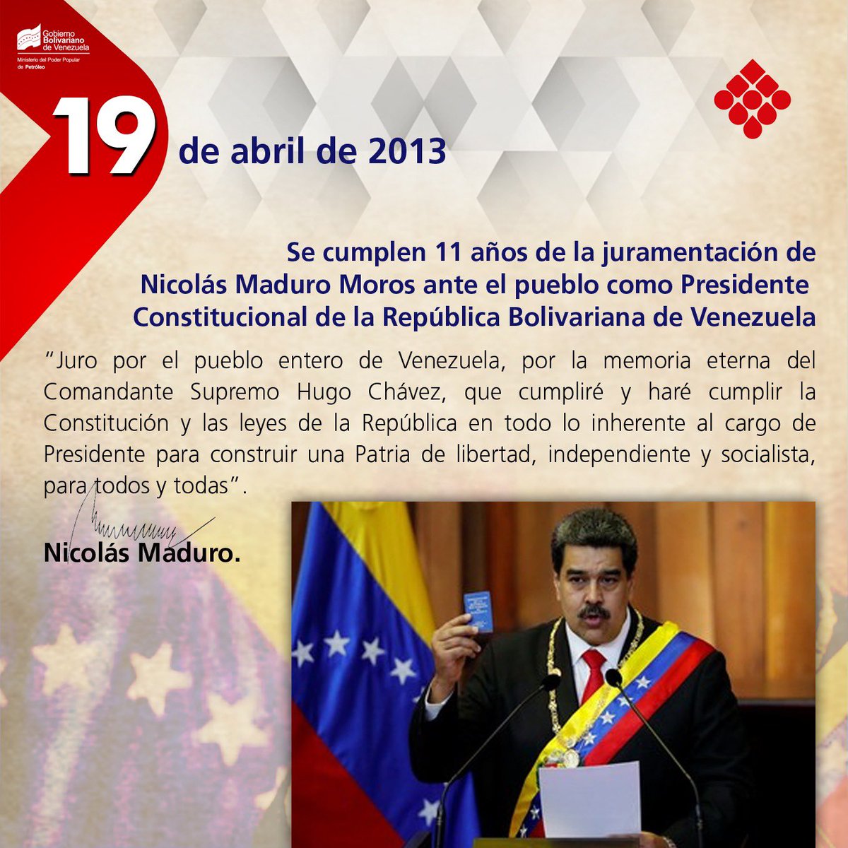 #Efeméride🗓️| Se cumplen 11 años de la juramentación de <a href="/NicolasMaduro/">Nicolás Maduro</a> ante el pueblo como Presidente Constitucional de la República Bolivariana de Venezuela.

#GloriaAlBravoPueblo
#TrabajoEnEquipoVictoriaSegura 

<a href="/TellecheaRuiz/">Rafael Tellechea</a> 
<a href="/nlaconchamolina/">@NLaConchaMolina</a>