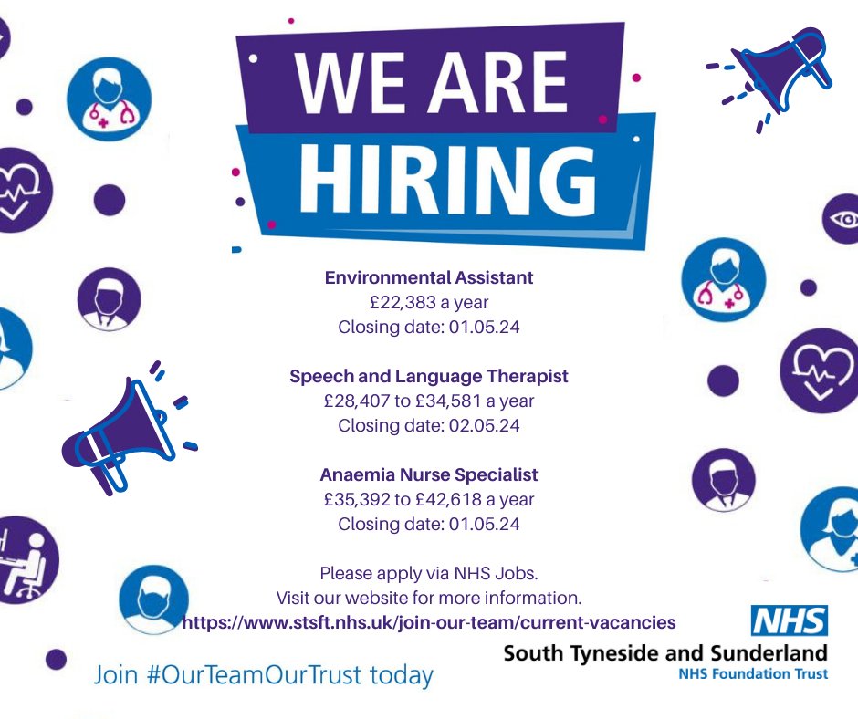 📢 JOBS KLAXON! 📢

Fancy joining #TeamSTSFT? Check out some of our latest vacancies...

Or click here 👉 bit.ly/3Pm77Tv 👈 to view the full list of jobs currently available!

#NHSJobs