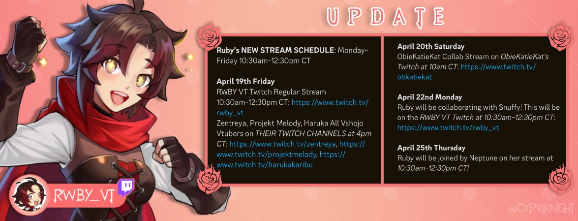 ♡ - There were a few updates for the RWBY_VT todayˎˊ˗

🌹- Today: Collab with Zentreya, Projekt Melody, and Haruka Karibu
🌹- April 20th: Collab with Obkatieka
🌹- April 22nd: Collab with Snuffy
🌹- April 25th: Neptune Stream 🌊

[#RWBY #VTRubyRose]