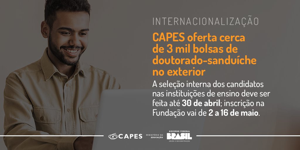 A CAPES abriu processo de seleção para edição de 2024 do Programa Institucional de Doutorado-Sanduíche no Exterior (#PDSE), que ofertará até 2.976 bolsas. Saiba mais: capes.gov.br/kcuPB