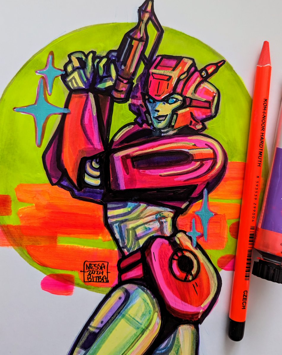 #TransformersOne Just wanted to recreate that G1 Elita-1 pose with a TransformerOne version of her. The colors from the movie inspired this! Had fun going as bright as possible. I used paint, pencil crayon & marker on it.