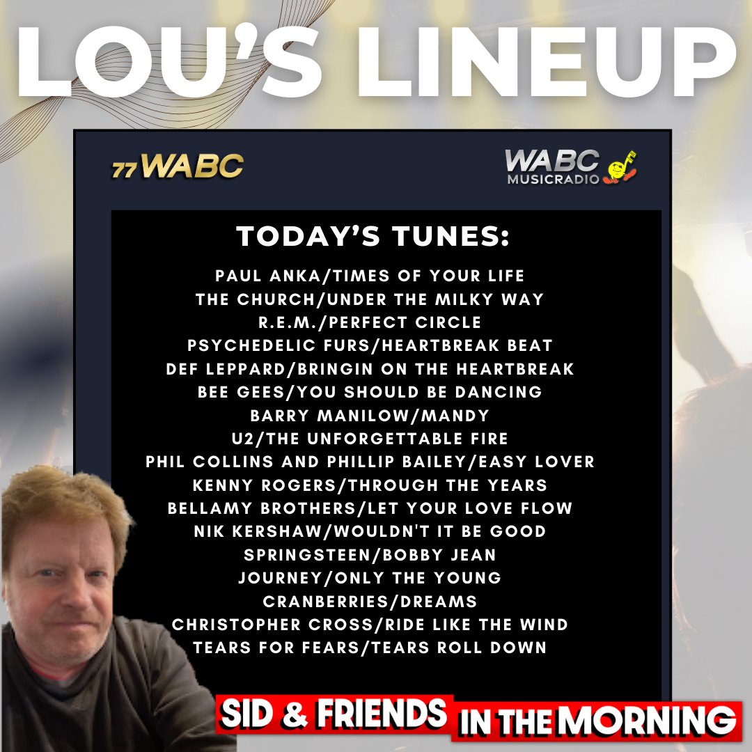 And now... it's time for LOU'S LINEUP! Listen to Sid and Friends In The Morning from 6AM-10AM EST on wabcradio.com or on the 77 WABC app! FULL #FRIDAY PLAYLIST HERE: wabcradio.com/2023/04/19/lou…