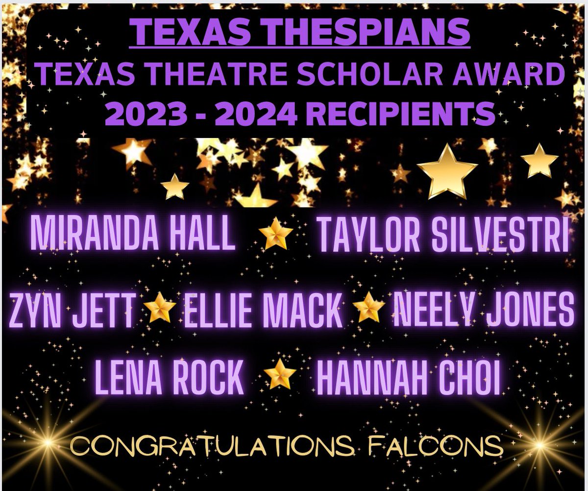 Congratulations to these Falcon Theatre students who were named to the Texas Theatre Vice President’s List <a href="/Texas_Thespians/">Texas Thespians</a> <a href="/tchsftofficers/">TCHS Falcon Theatre Officers</a>