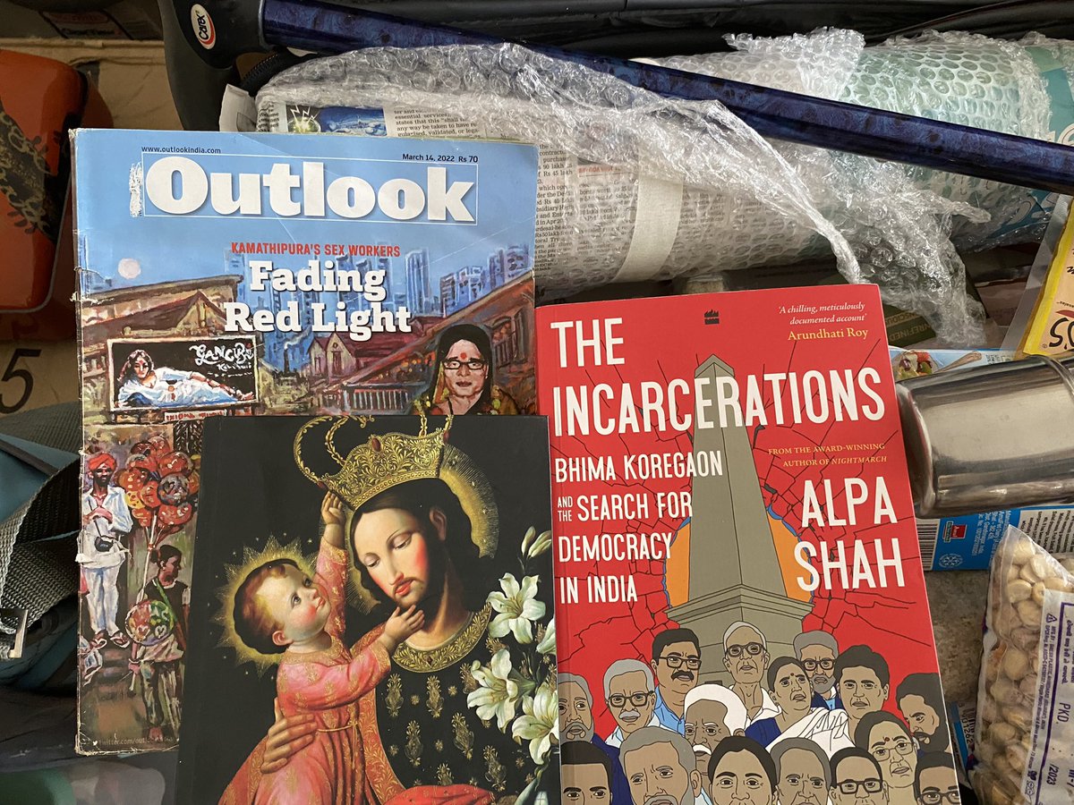 This morning on peeking into Cecilia’s brother-in-law’s bag. They arrived yesterday…Goa. Lo—Alpa Shah’s  #TheIncarcerations 
@alpashah001 right on the top, along with inks, paper, and requested stuff: #Outlook mag issue on #Kamatipura’s #sexeorkers, by #RamakantFadte. 
@uttam_g