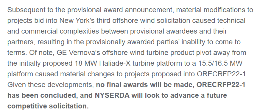 The US offshore wind crisis isn't over. New York effectively cancels 4GW of offshore wind contracts after GE pulled back an offer for a bigger turbine that the provisional winners had been counting on view.nyserda.ny.gov/?qs=d0103dd708…
