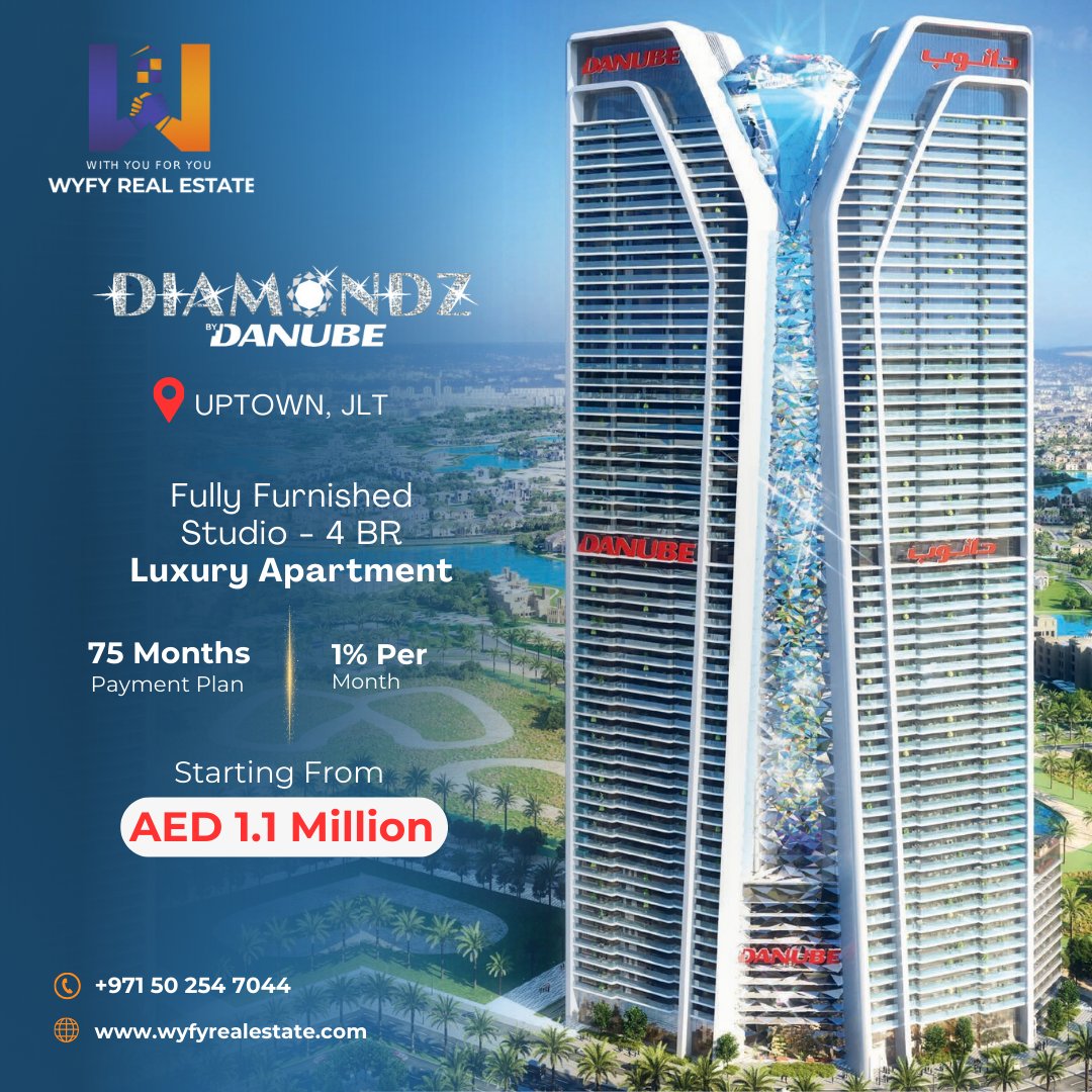 Diamondz by Danube, located in the vibrant uptown of Jumeirah Lakes Towers (JLT), Dubai! 

📞 Hotline: +(971) 50 254 7044 

#diamondzbydanube #luxuryliving #wyfyrealestate #jltdubai #fullyfurnished #flexiblepaymentplan #dubairealestate #urbanliving #wyfy