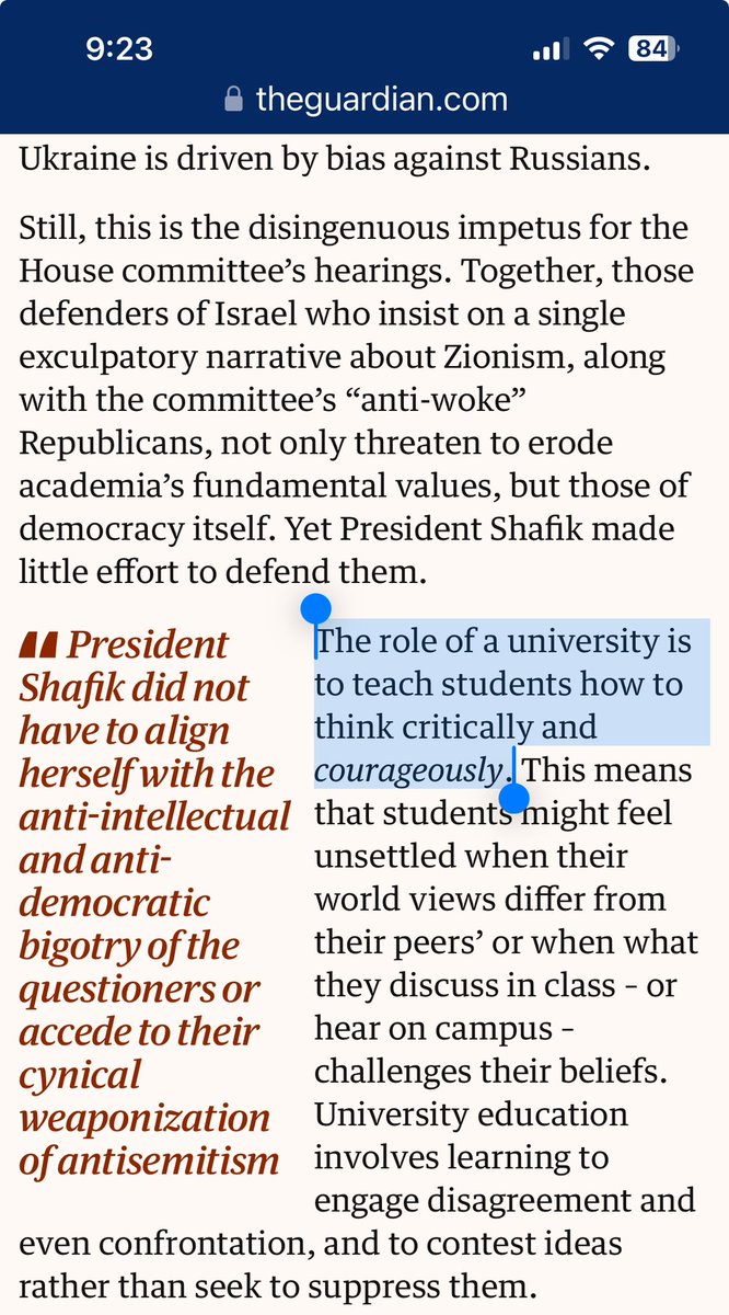 .@sahaley, @SolomonAlisa, Marianne Hirsch, and Helen Benedict on the alliance of Columbia admin and Republican policymakers and what’s at stake. “The role of a university is to teach students how to think critically and courageously…” theguardian.com/commentisfree/…