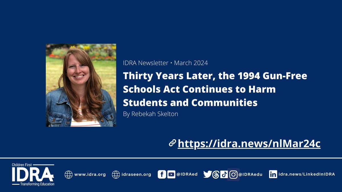 🚸 Dive into this thought-provoking article from IDRA's newsletter shedding light on the impact of the 1994 Gun-Free Schools Act! 📰 Gain crucial insights into its effects on students and communities. Read more: [idra.news/nlMar24c] #GunFreeSchoolsAct #Education #IDRA 📚✨