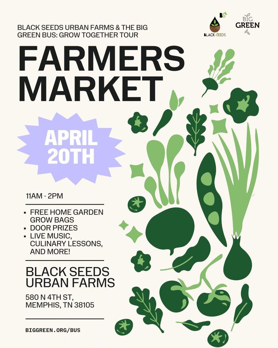 Memphis! The Big Green Bus is making it's way to your city 🚌 Join us and Black Seeds Urban Farms for a vibrant celebration of local food and community for a farmers market tomorrow! Get the details at buff.ly/4cs0w3m 🌱 See you there!