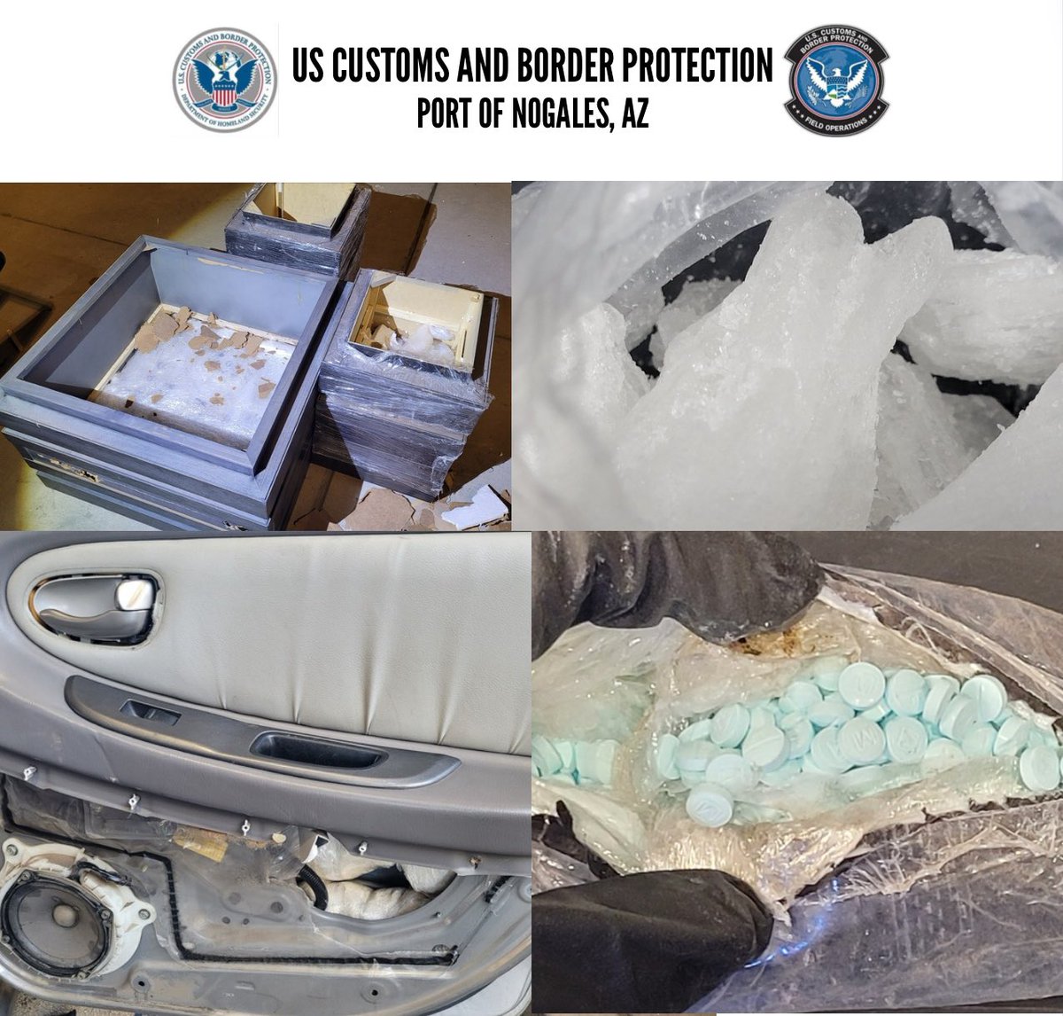 4/9: CBP officers at the Nogales POE seized approximately 117,675 fentanyl pills and 19.15 pounds meth in doors and panels of a vehicle 4/11: Officers discovered 100 pounds meth hidden in new furniture Both drivers were taken into custody and will be detained for prosecution.