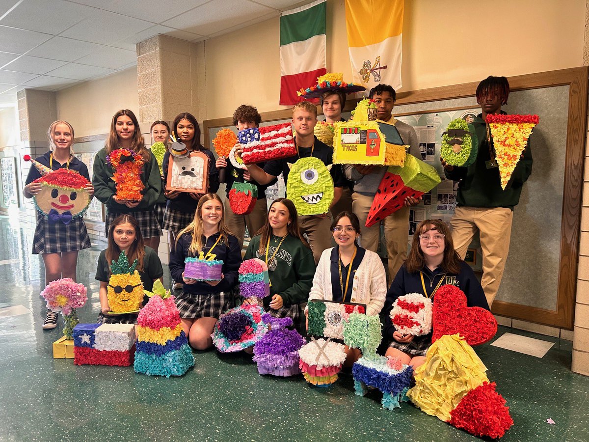 The Spanish 1 and 2 students created traditional piñatas to serve as decoration for this weekend’s Fiesta de las Americas.  Beautiful work! #UrsulineIrish #SoliDeoGloria