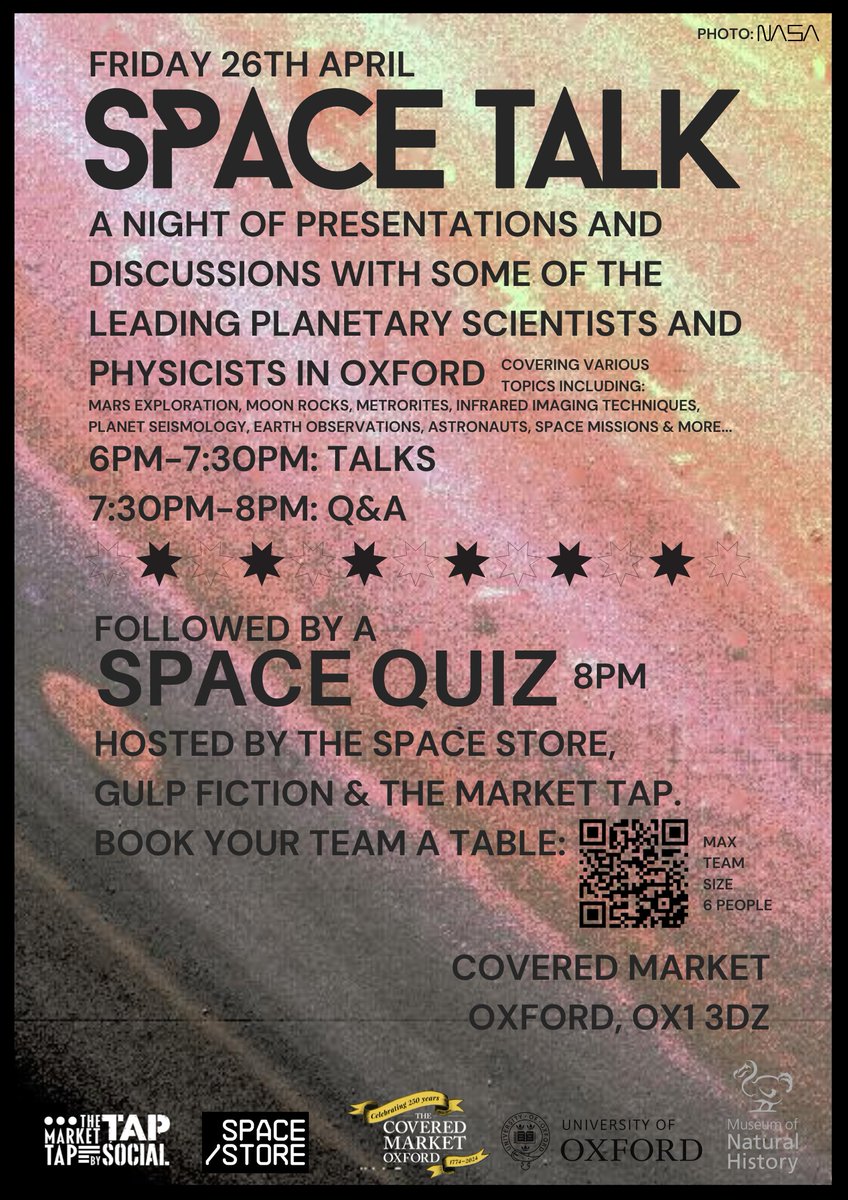#Space #Outreach in the @CoveredMarketOx next Friday! (April 26, 6pm)
Join @OxfordAOPP, @SpaceStoreUK, @tapsocialbrew, and Gulp Fiction for an evening of space learning!
A series of short space-talks, followed by a Q&A and then a space themed Pub Quiz!
wegottickets.com/event/615800/