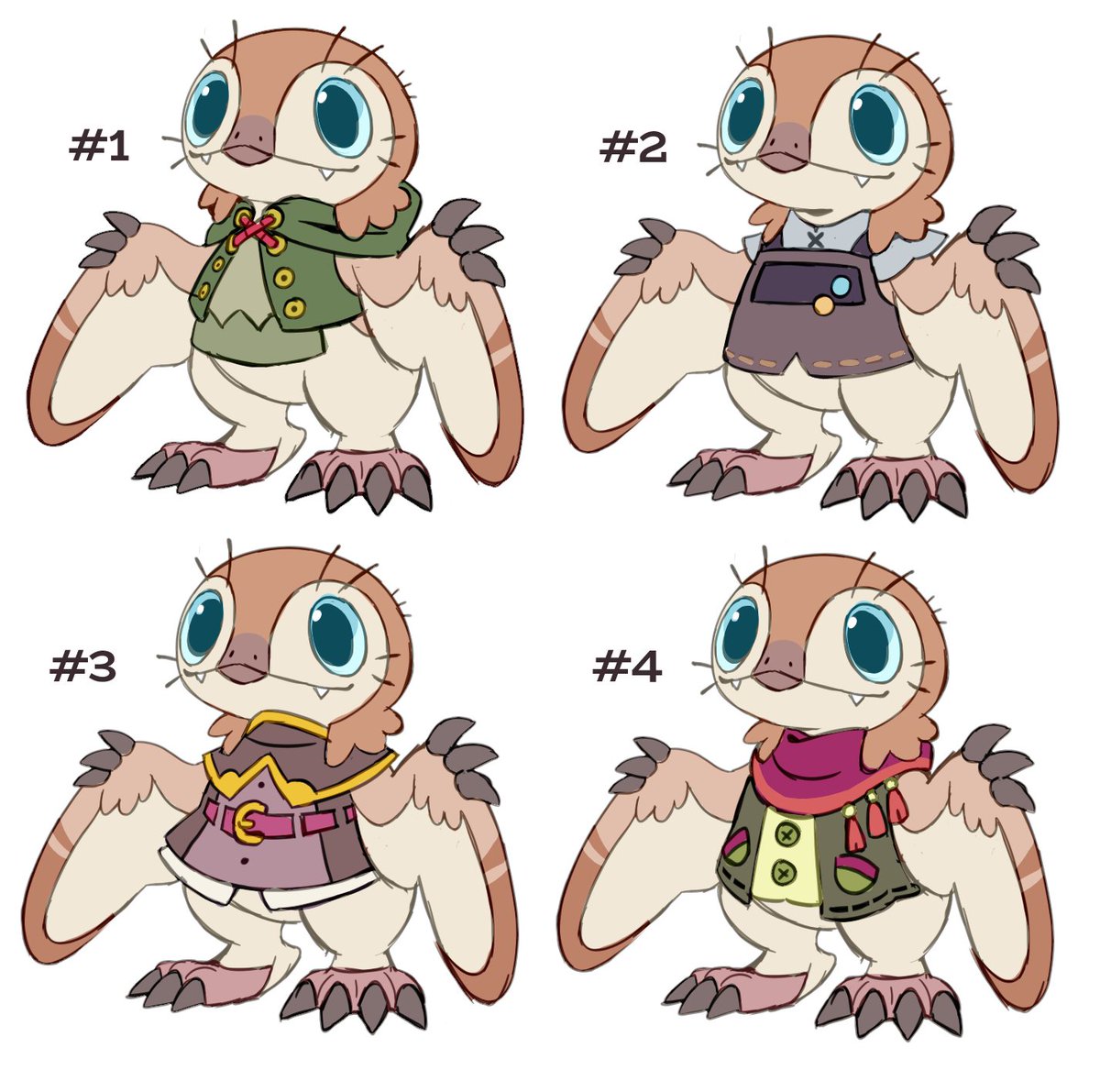 Kipper Goodswoop is on a journey to complete 100 good deeds & will join the player in helping neighbours around the island. This is a rite of passage for young pterosaurs, kinda like the Amber Isle version of Scouts! Here's some early outfit concepts, focusing on a humble,…