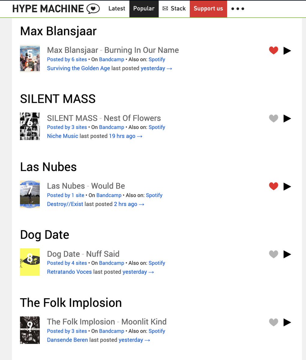 Both @mblansjaarmusic and @LasNubesBand in the @hypem 'Most Posted Artists' chart today <3 Las Nubes: hypem.com/track/36ct7 Max Blansjaar: hypem.com/track/36bk9 Huge thanks to @godisinthetv @destroyexist @StGABlog @starttrack_com @VSmallFlames and @ZoneNights <3