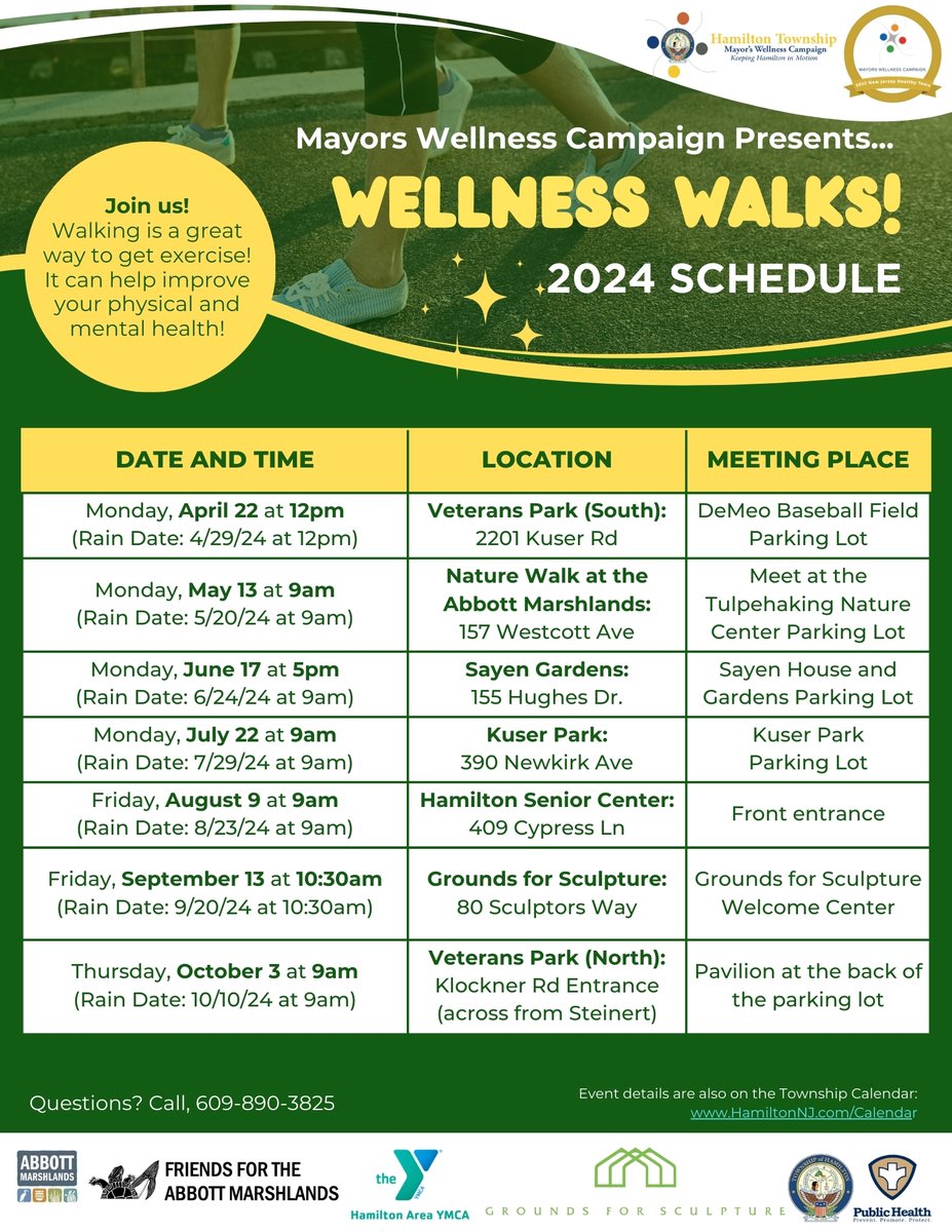 Join us for a refreshing Wellness Walk TODAY at Veterans Park (South) for the Mayor's Wellness Campaign at 12 PM. Discover the beauty of our town’s nature while improving your physical and mental well-being. 👟🌱 #MayorsWellnessCampaign #WellnessWalk #HamiltonTownship