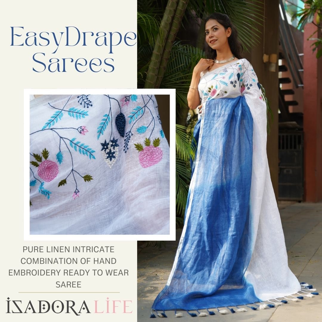 the_isadoralife's tweet image. Beautiful prestitched one minute saree in pure linen ready to wear saree with handwork embroidery 

#readymadesarees #readyforuniversal #summervibes 

{handwork, hand embroidery, hand embroidered, pure linen, Pre draped sarees, isadora life }