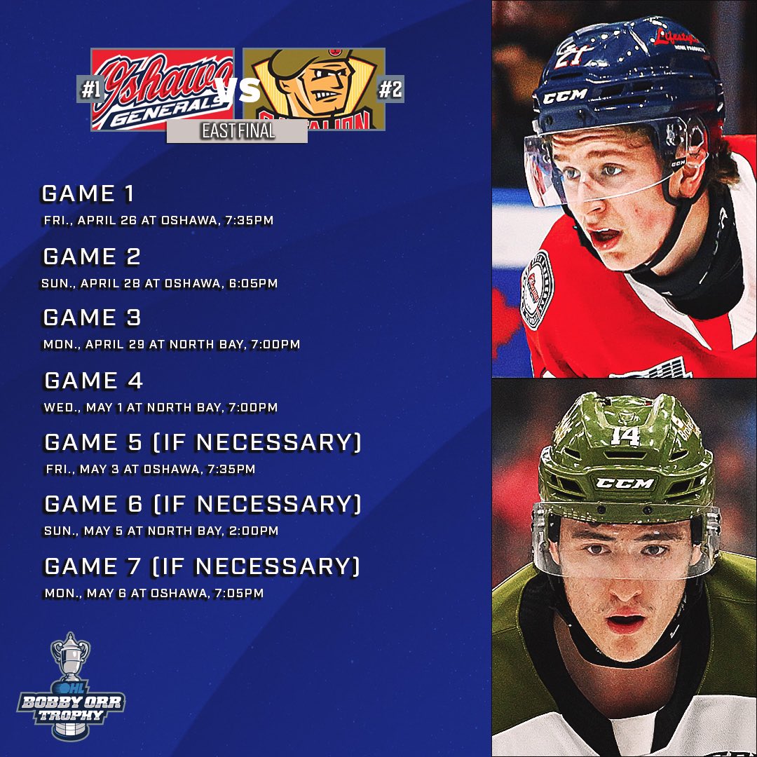 Mark your calendars 🗓️ The @Oshawa_Generals and @OHLBattalion battle it out for the Bobby Orr Trophy in a third round clash that starts April 26th. #OHLPlayoffs | #OSHvsNB