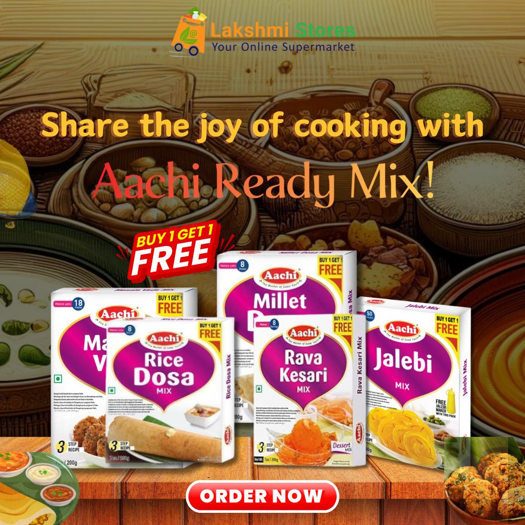 🎉 Don't miss out on this exclusive offer at Lakshmi Stores! 🔥 Buy 1, Get 1 FREE on Aachi Ready mixes! 🔥From Rice Dosa to Rava Kesari. 😋 Hurry, order now and share the joy of cooking! lakshmistores.com #lakshmistoresuk #buyonline #ravakesarimix #jalebimix