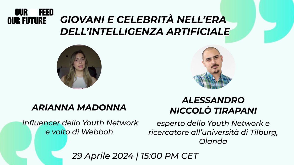 The next Instagram Live of #OurFeedOurFuture is just around the corner! Together with our Arianna Madonna and Alessandro Niccolò Tirapani we are going to discuss the impact of AI on young people's lives👾 📅 29th April ⏰ 15:00 CET 🔗 Instagram Live @ThinkYoung.NGO