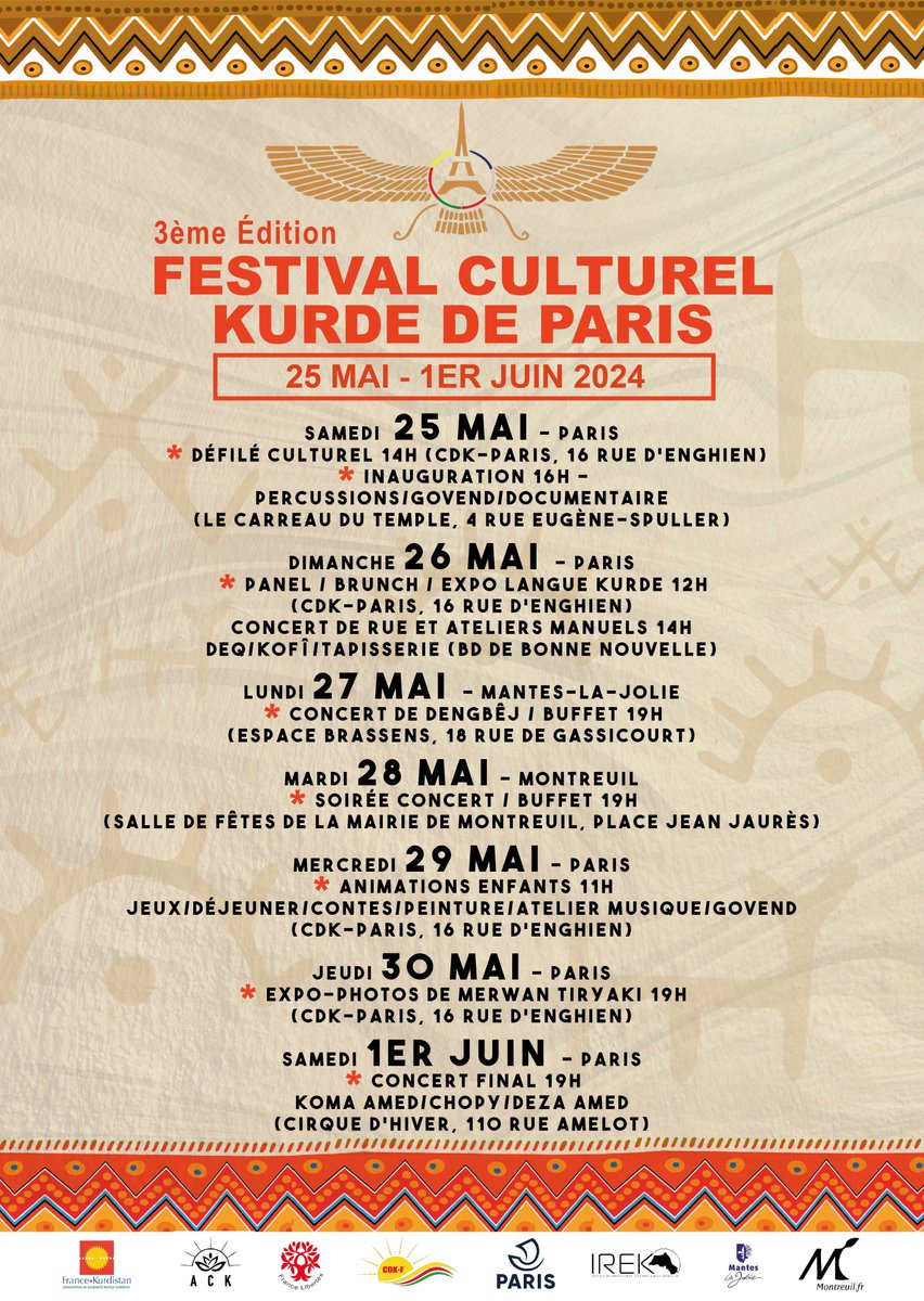 À vos agendas ! Le Festival culturel kurde de Paris, c'est une semaine d'activités riches et variées préparées avec le plus grand soin pour vous offrir une expérience inoubliable! 🗓️ 25 mai - 1er juin