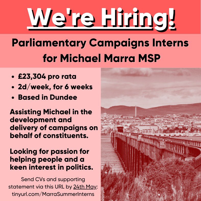 For the third year I am hiring Parliamentary Campaigns Interns for the summer. A fantastic opportunity to engage with the work of a MSP's office and work on Parliamentary campaigns benefitting the North East. You can see full job details and apply here: careers.parliament.scot/vacancies/659/…