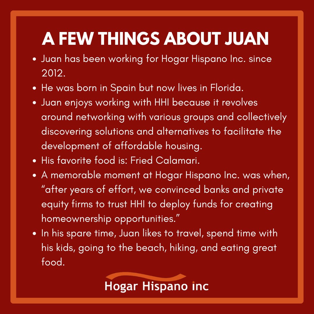 🏡🧡Meet Juan! 👋The financial mastermind at HHI, overseeing operations, budgeting, and long-term planning. With a decade of service, he ensures compliance and navigates real estate intricacies. #HogarHispanoInc #MeetOurTeam