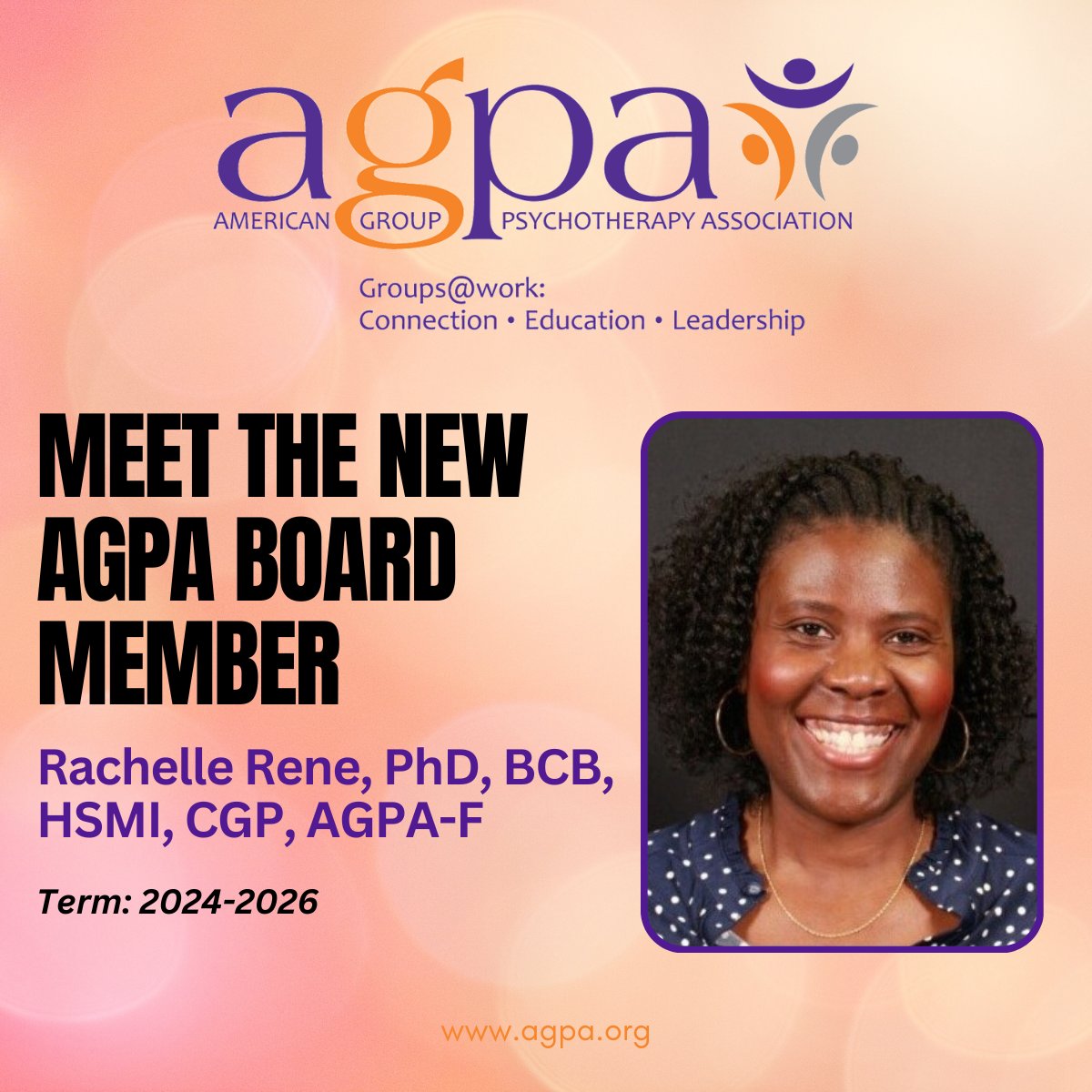 agpa01's tweet photo. Meet AGPA's new Board member Rachelle Rene, PhD, BCB, HSMI, CGP, AGPA-F.

Dr. Rene is a distinguished practitioner and educator in the field of psychology. She is serves as a Clinical Assistant Professor at Thomas Jefferson University Hospital.

#GroupPsychotherapy #Group #Leader https://t.co/uU92HlOfqE