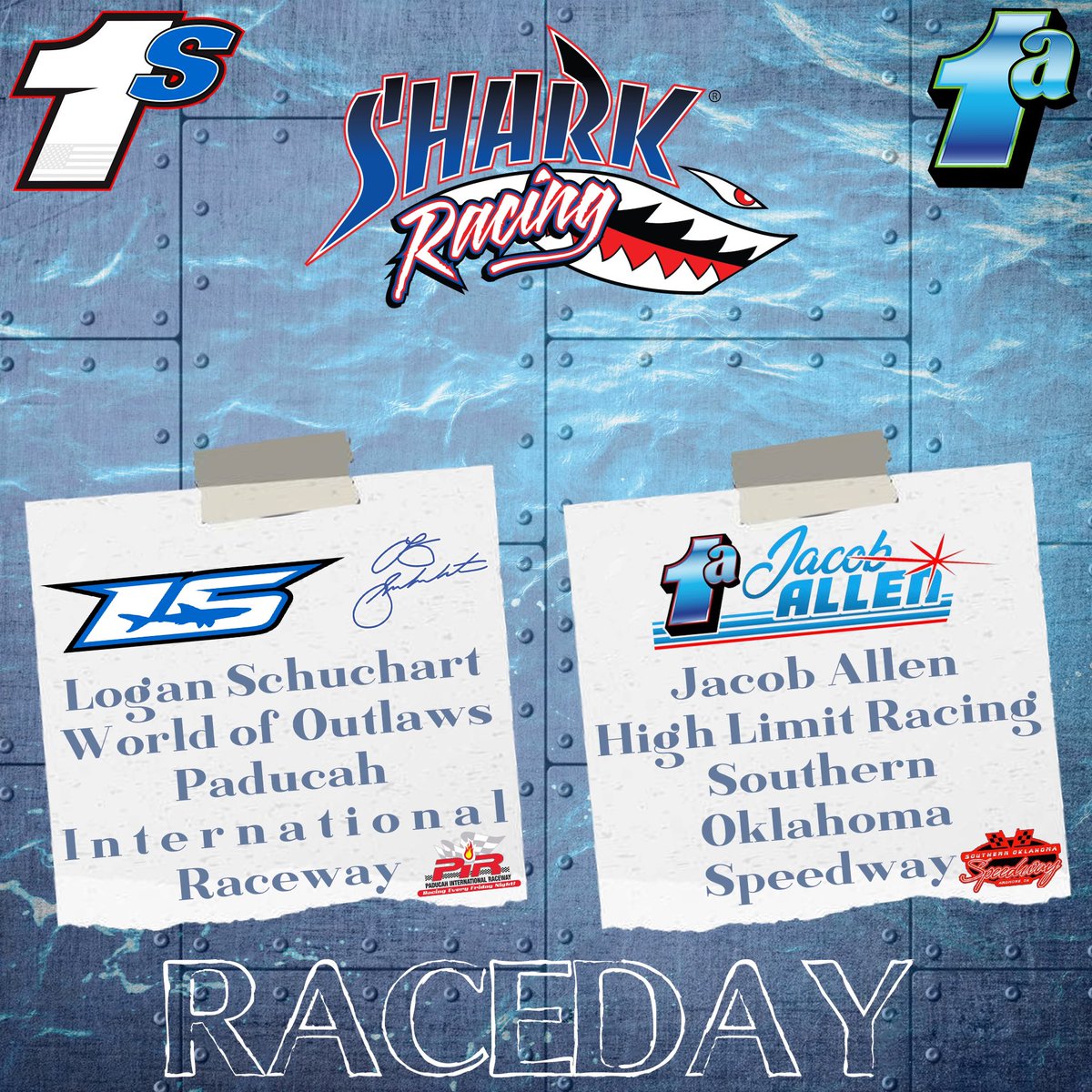 It’s Raceday! #ChompChomp 🏎️ @LSchuchart1s 📌 @WorldofOutlaws 📍 @PaducahRaceway 👀 @dirtvision 🕰️ 7:15pm EST 🏎️ @JacobAllen1a 📌 @HighLimitRacing 📍 @SouthOkSpeedway 👀 @FloRacing 🕰️ 6:45pm EST