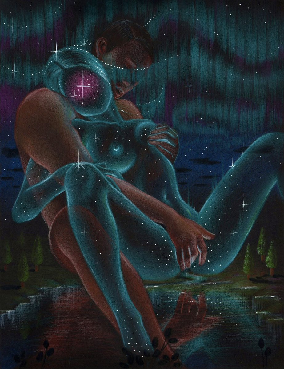 natkitkats's tweet photo. ‘Midnight Sonata’ from my Aurora Series-pencils on paper. Prints available in my shop✨ In this piece I wanted him to look like he is playing an instrument. The way the bodies are positioned against one another is supposed to vaguely mimic a cello being played. Her hair is supposed to resemble sound waves in the air which is why the piece is titled “Midnight Sonata.”✨