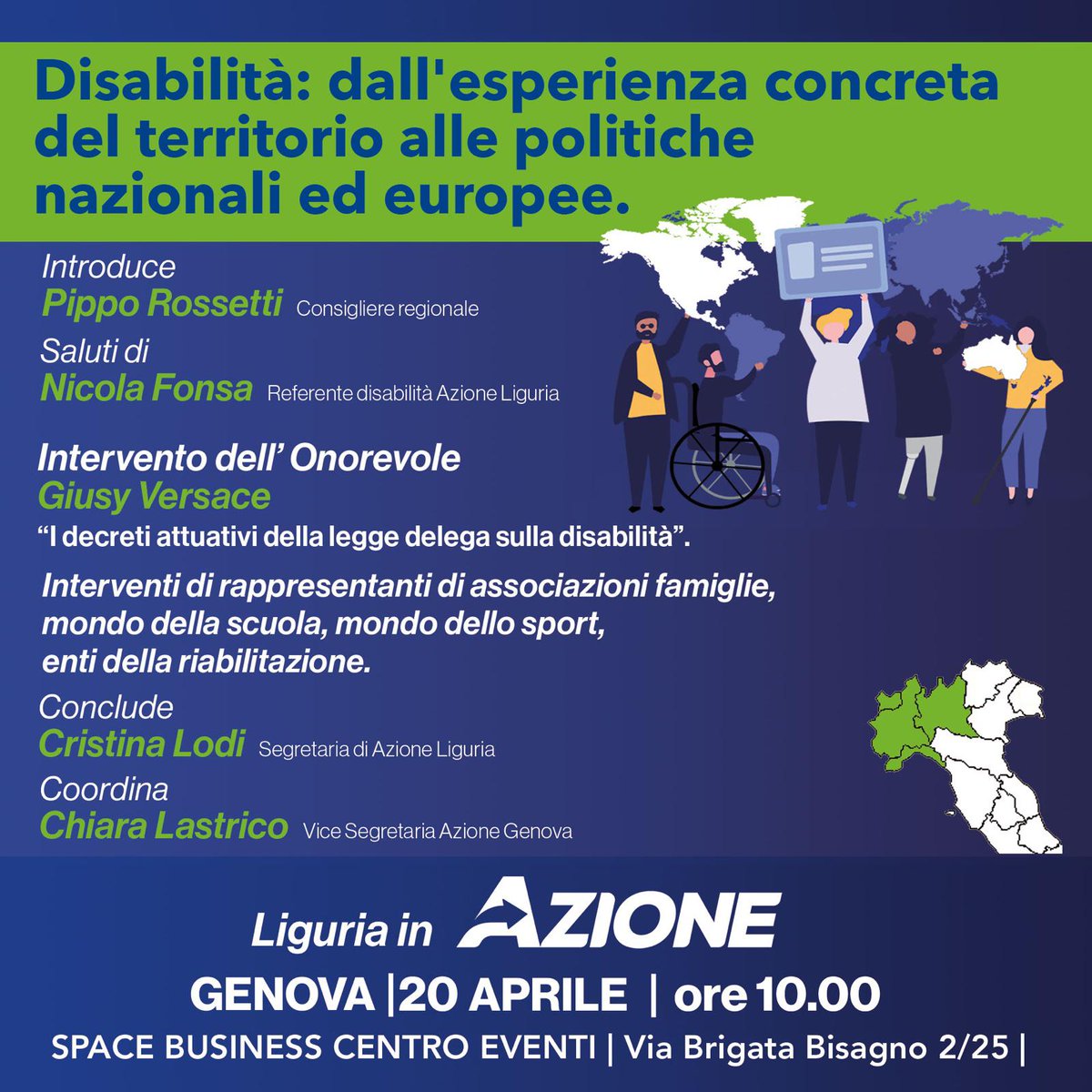 E’ per domani 20 aprile l’appuntamento di @Azione_it a Genova per parlare di disabilità: un confronto tra il mondo dell’associazionismo e le leggi nazionali ed europee. Con @GiusyVersace e @cristinalodi_ Segretaria regionale Liguria in Azione e #candidata alle #europee