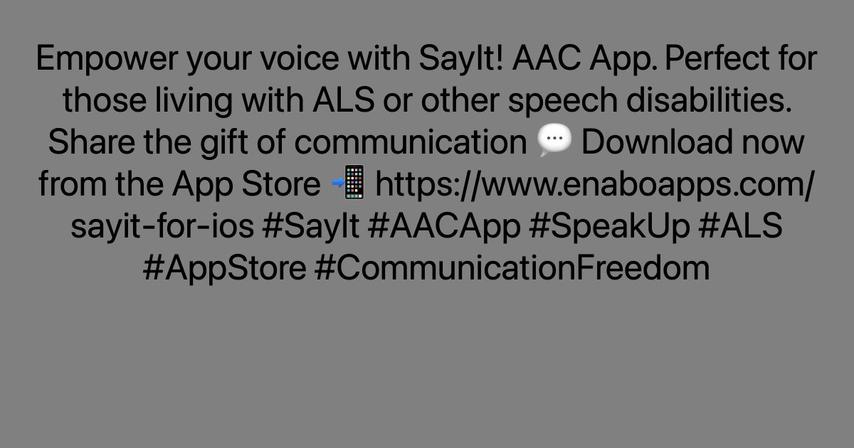 Empower your voice with SayIt! AAC App. Perfect for those living with ALS or other speech disabilities. Share the gift of communication 💬 Download now from the App Store 📲 ayr.app/l/UWc9 #SayIt #AACApp #SpeakUp #ALS #AppStore #CommunicationFreedom