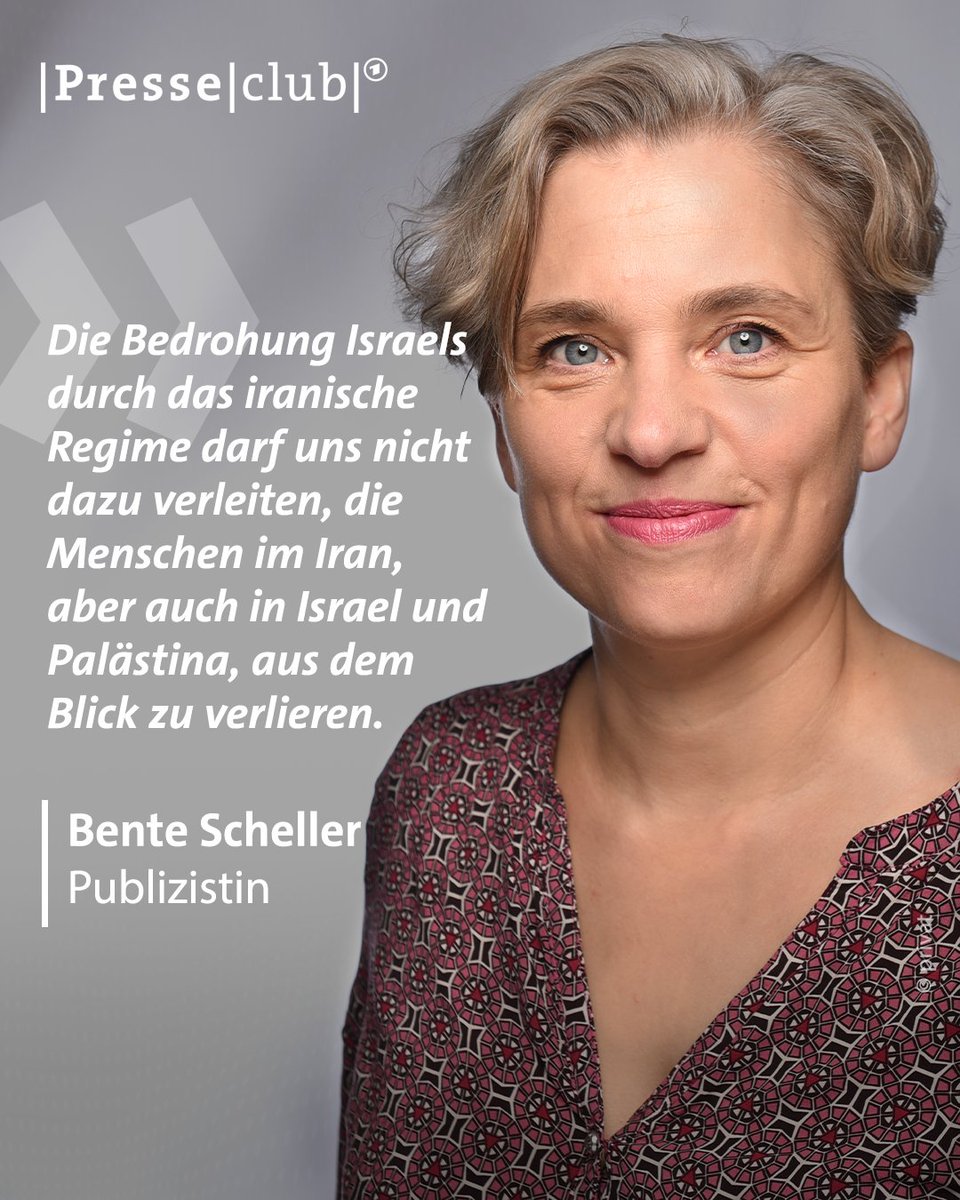 „Menschen in Gaza verhungern und sterben“, sagt @BenteScheller. Außerdem erinnert sie an die über 100 israelischen Geiseln, die sich weiter in den Fängen der Hamas befinden. All das dürfte durch die Eskalation mit dem Iran nicht in Vergessenheit geraten. #presseclub
