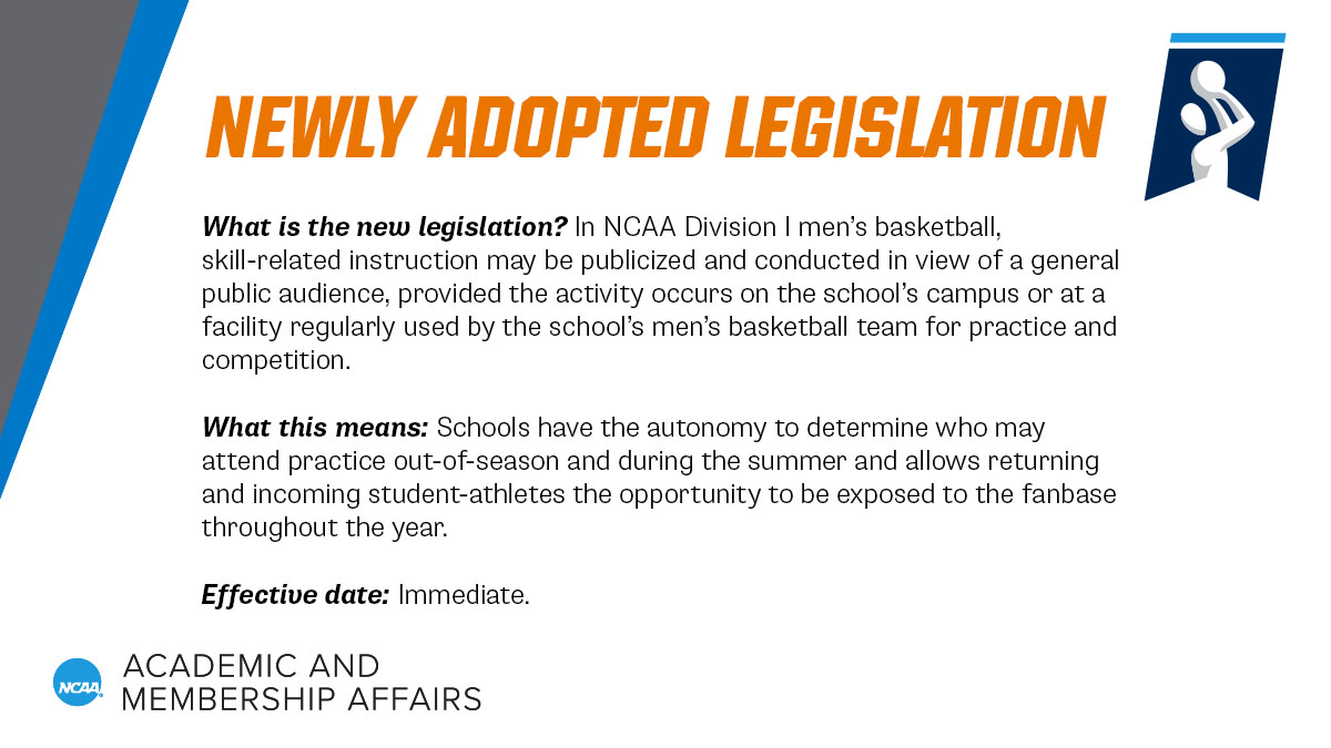 🔔 Attention NCAA Division I Men’s Basketball Student-Athletes, Coaches and Fans 🔔

The NCAA Division I Council adopted new legislation in men’s basketball to deregulate restrictions on publicizing and conducting skill instruction in view of a general public audience. See info⬇️