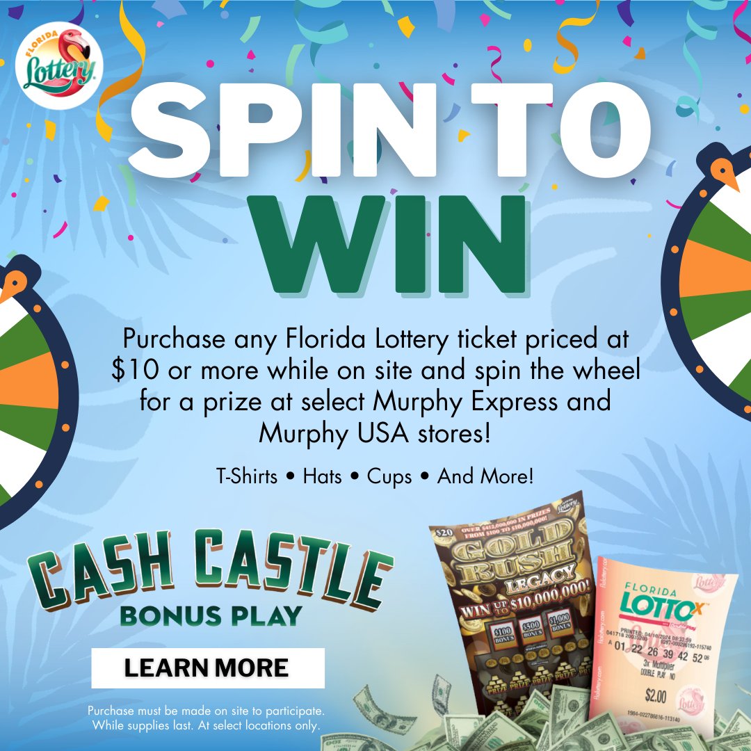 🚨The Spin to Win event in Fort Lauderdale is now LIVE! 📍@MurphyUSA 5480 N. State Road 7, Ft. Lauderdale Come out and learn about the new Cash Castle Bonus Play promotion and win some cool prizes with a $10 Lottery ticket purchase made during the event! Hope to see you soon.