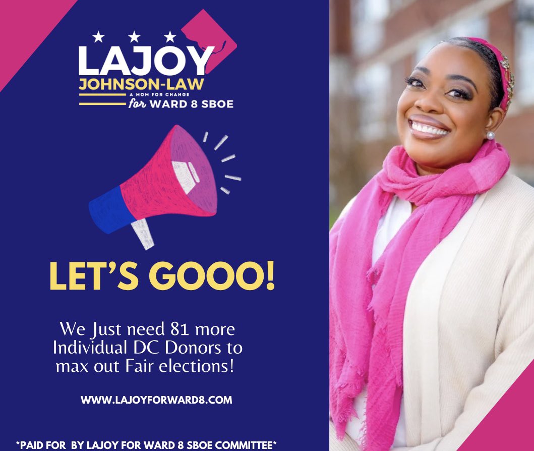 Great news! In the first 6 days of the campaign, we met the threshold for securing over $11K in matching funds! Help @LaJoyforWard8 finish her launch week strong ––we only need 81 more DC donors to give $20 today! bit.ly/lajoyforward8! Let’s gooooo! Love y’all so much!!! 😘