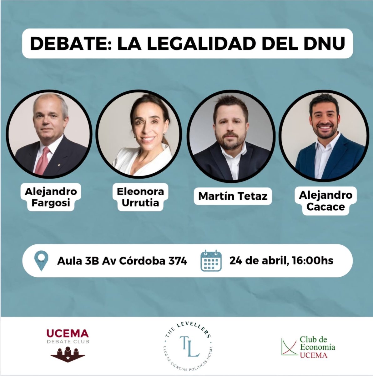 Natalia Motyl (@naty_motyl) on Twitter photo Con el Club de Cs. Políticas y Económicas del UCEMA estamos organizando un evento debate para este miércoles sobre legalidad del DNU con un nuevo formato tecnológico y estos invitados de lujo: <a href="/fargosi/">Alejandro Fargosi</a> <a href="/EleonoraUrrutia/">Maria Eleonora Urrutia</a> <a href="/martintetaz/">Martin Tetaz</a> y <a href="/alejandrocacace/">Alejandro Cacace</a> !!
forms.gle/RAsqUT2VvHEh9p… Con el Club de Cs. Políticas y Económicas del UCEMA estamos organizando un evento debate para este miércoles sobre legalidad del DNU con un nuevo formato tecnológico y estos invitados de lujo: <a href="/fargosi/">Alejandro Fargosi</a> <a href="/EleonoraUrrutia/">Maria Eleonora Urrutia</a> <a href="/martintetaz/">Martin Tetaz</a> y <a href="/alejandrocacace/">Alejandro Cacace</a> !!
forms.gle/RAsqUT2VvHEh9p…