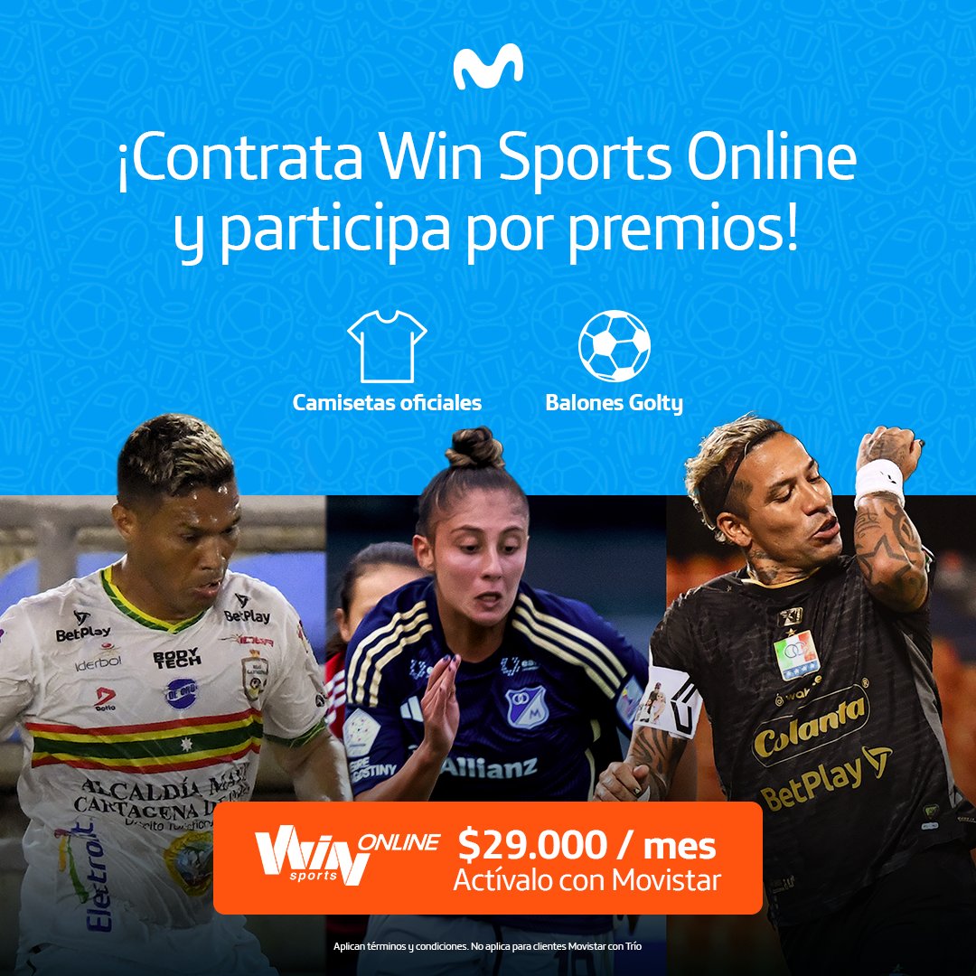 🔥 Contrata Win Sports Online con Movistar y podrás llevarte una camiseta de tu equipo favorito de fútbol profesional colombiano o un balón Golty. ⚽👕 Aprovecha esta oferta especial de $29.000 y paga en tu factura: gqqq9.app.goo.gl/Peqt