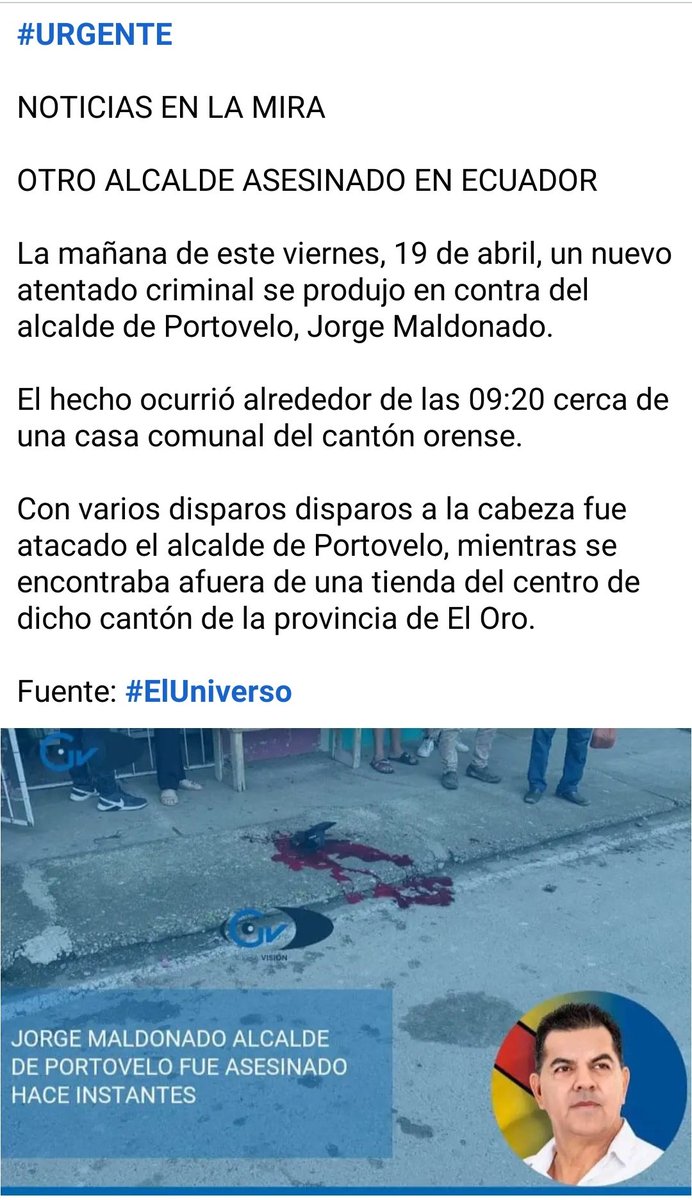 JesseniaInforma's tweet photo. #urgente Alcalde de Portovelo fue asesinado al estilo sicariato.
#Ecuador @DanielNoboaOk https://t.co/UXAaM7mXtK