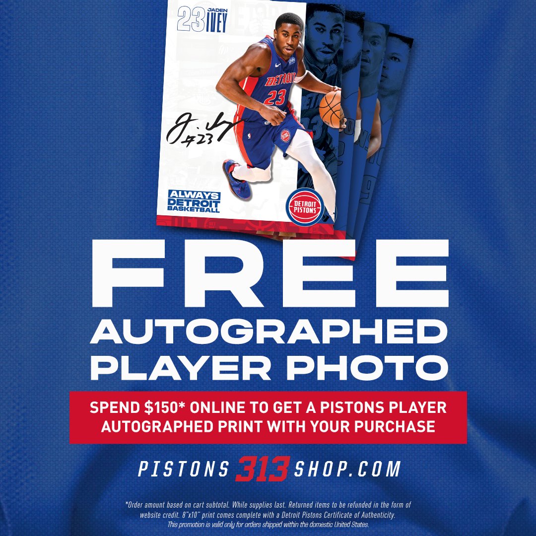 #Pistons fans, want to add an autographed player photo to your collection? Shop now, spend $150+, and get a FREE autographed 8x10 player photo with your purchase. While supplies last, restrictions apply 🔗: bit.ly/3w1LSzj