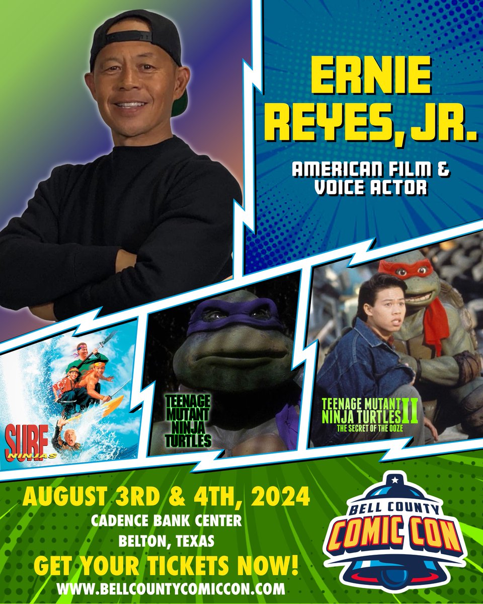 ***SPECIAL GUEST ANNOUNCEMENT*** Ernie Reyes Jr. (Actor/Martial Artist) TMNT, TMNT II, Surf Ninjas The Rundown Purchase Your Tickets Now: checkout.conventions.leapevent.tech/eh/Bell_County… Event Info: bellcountycomiccon.com