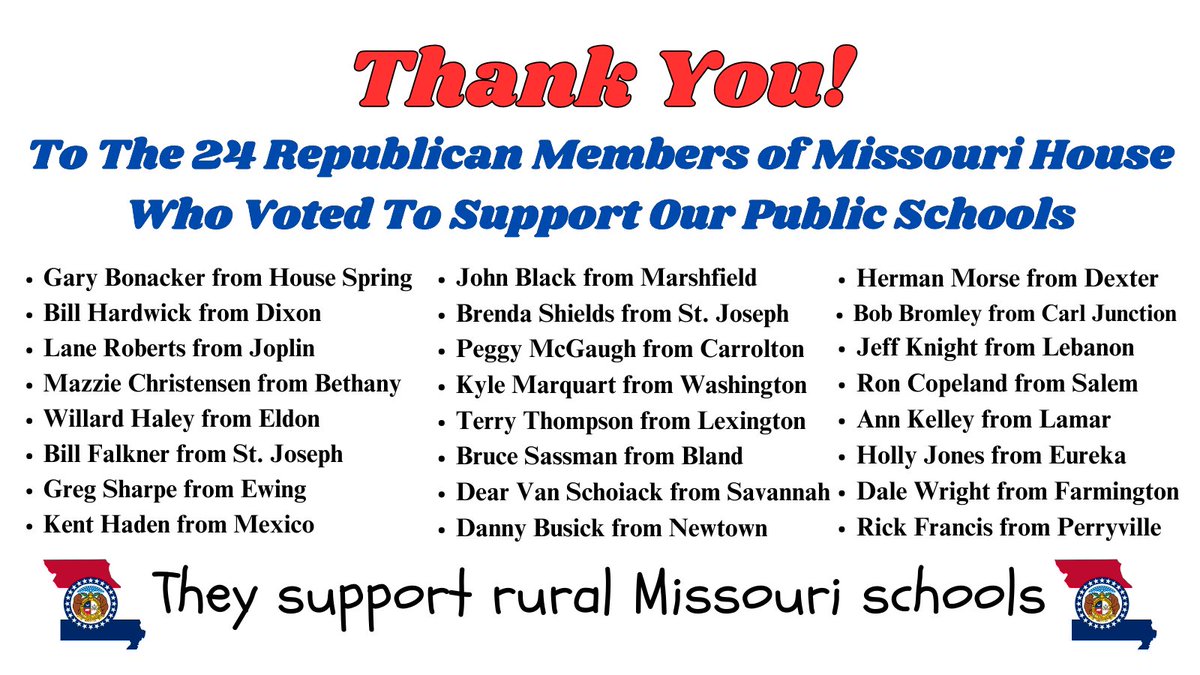 MO House votes to expand school vouchers, which sends money to corporate schools with no voter oversight. It sets minimum teacher salary $10,000 less than Arkansas. All but 3 Dems voted NO. Thanks to 24 Republicans, under tremendous pressure, that also supported public schools.