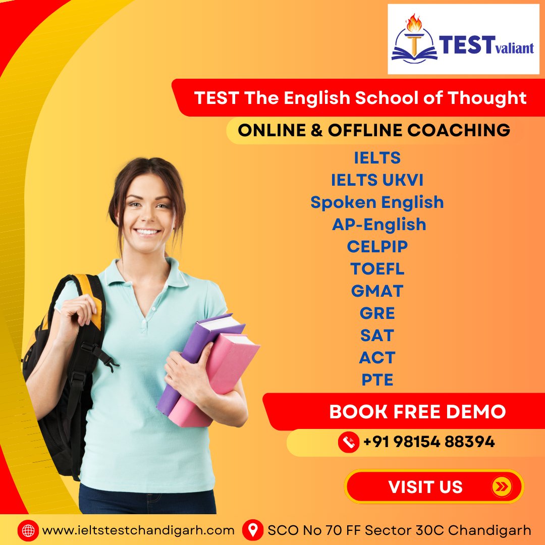 Learn English offline or online with TEST The English School of Thought® | TESTvaliant Coaching Institute for Excellence.
We provide coaching in IELTS, IELTS UKVI, TOEFL, GMAT, GRE, SAT, ACT, PTE, CELPIP, AP-ENGLISH, Spoken English, Interview Preparation.