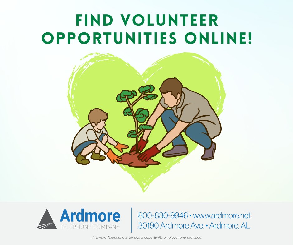 Ardmore Telephone wants to help you connect with people offline, as well as online. Connect with people through spring volunteer clean-ups, tree plantings, charity races and more. Use @VolunteerMatch, local organization websites and local Facebook pages to find opportunities.