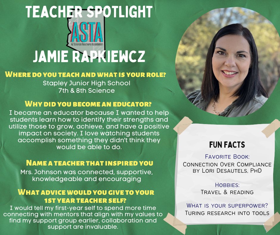 Springing into Spring w/more #TeacherSpotlight celebrations! Congrats to Jamie Rapkiewcz, 7th & 8th Science Teacher at Stapley Jr HS @mpsaz for the week of April 25-5/1 🌟We think you are #ASTAmazing!